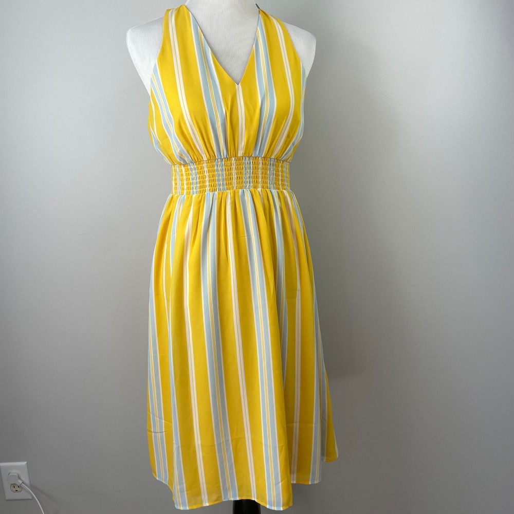 Ann Taylor Petite Yellow Striped Smocked Waist Maxi / Midi Dress SP 538367 NWT - Picture 2 of 11